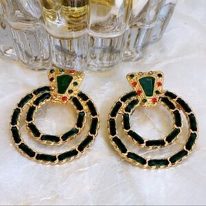 Gold Tone Green Velvet Round Earrings